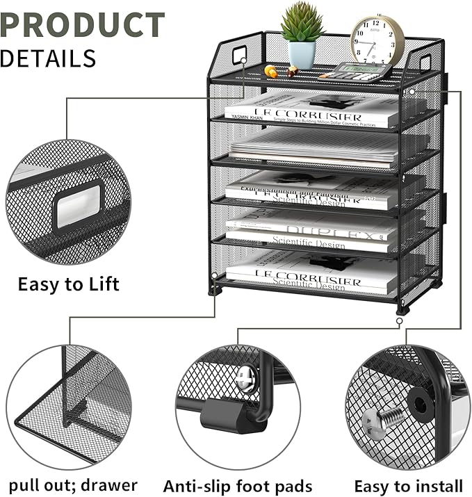 6-Tier Metal Paper Organizer, Black Letter Tray for Desk Office Supplies, Desktop File Folder Organizer Stand for Home, Office & Classroom Storage