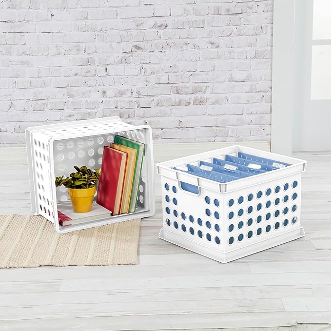 Sterilite Stackable Plastic Storage Crate Bin Organizer File Box with Handles for Home, Office, Dorm, Garage, or Utility Organization, White, 12-Pack