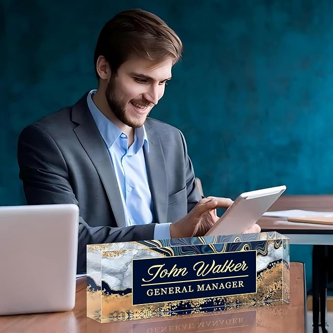 Personalized Name Plate for Desk, Custom Acrylic Desk Name Sign, Office Appreciation Gifts for Women Men Coworkers Boss Teacher Employee (Navy Coast)