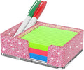 Sticky Note Holder with Pen Slot, Glitter Pink Acrylic Notepad Holder 3x3 in Self-Stick Note Dispenser Office Desk Accessories, Memo Pad Holder Organizer for Classroom School Supplies
