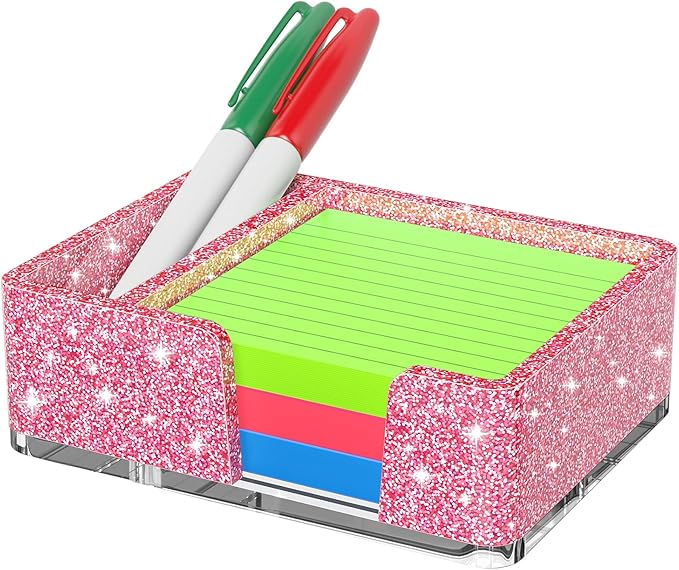 Sticky Note Holder with Pen Slot, Glitter Pink Acrylic Notepad Holder 3x3 in Self-Stick Note Dispenser Office Desk Accessories, Memo Pad Holder Organizer for Classroom School Supplies
