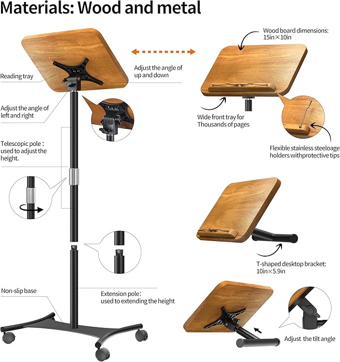 NAMON Rolling 2-in-1 Dual-use Floor & Desktop Book Stand, 100% Solid Wood, Height Adjustable from 16.5" to 51", with 4 Lockable Casters & Page Clip for Cookbooks, Sheet Music (with a T-Shaped)