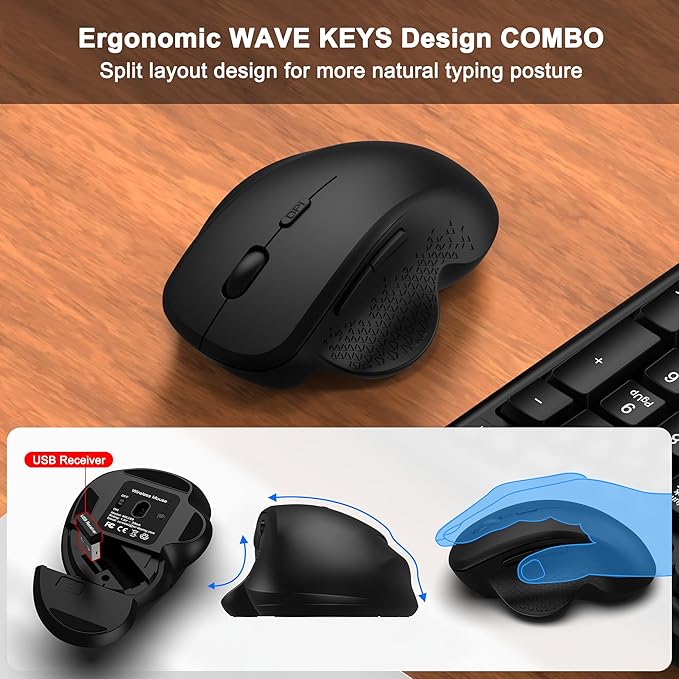 Wireless Keyboard and Mouse Combo, 2.4G Wave Keys Ergonomic Keyboard with Wrist Rest and 3 Level DPI Advanced Wireless Ergonomic Mouse, Natural Typing for Windows, Mac OS Desktop