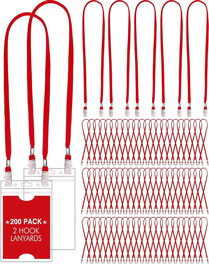 Patelai 200 Pack Double Clip Lanyards Bulk Face Mask Lanyard Twist Free 2 Hook Design Adjustable Badge Neck Strap for ID Name Badge Holder School Conference Office Class Essential (Red)