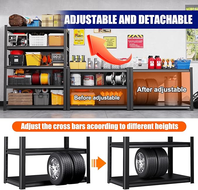 71"H-35"W Garage Shelving, 5-Tier heavy duty storage shelves, Adjustable Metal Shelving Unit, Utility Garage Organizer Shelf for Basement, Pantry, Warehouse, 15.7"D x 35.4"W x 71.2"H, Black