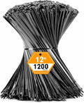 1200pcs Black Cable Zip Ties 12 Inch, Heavy Duty Plastic Nylon Tie Wraps with 50lb Tensile Strength for Indoor & Outdoor