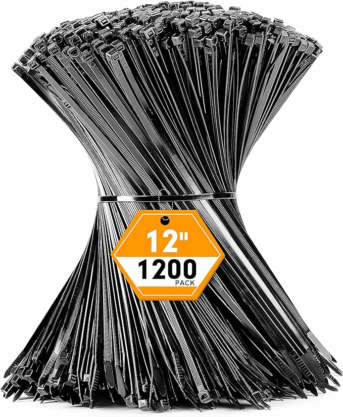 1200pcs Black Cable Zip Ties 12 Inch, Heavy Duty Plastic Nylon Tie Wraps with 50lb Tensile Strength for Indoor & Outdoor