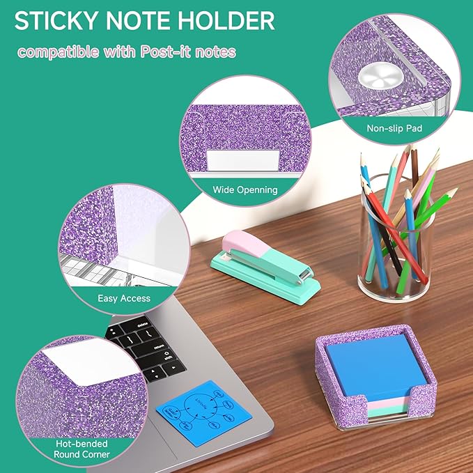 Sticky Note Holder, Glitter Purple Acrylic Notepad Holder 3x3 in Self-Stick Note Dispenser Office Desk Accessories, Memo Pad Holder Organizer for Classroom School Supplies