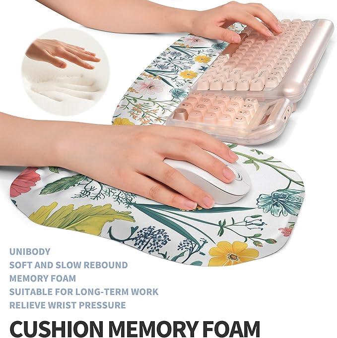 2-in-1 Ergonomic Set, Wave Keyboard Wrist Rest and Massage Slope Mouse Pad Wrist Support, Rebound Memory Foam for Relieve Carpal Tunnel Syndrome and Wrist Pain (Pink Flowers)