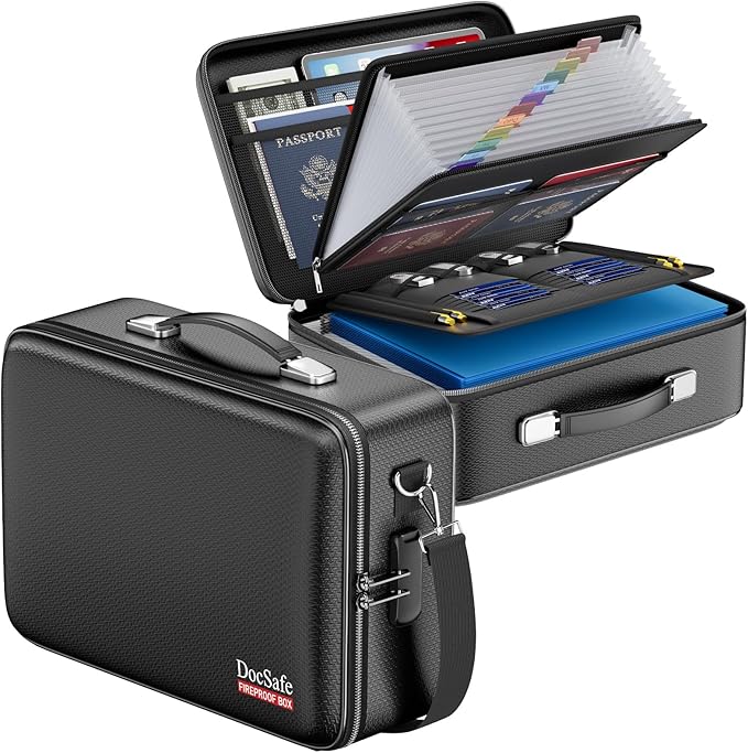 DocSafe Fireproof Document Box with Lock＆Shoulder Strap, Hard-Shell Case File Organizer with Accordion File Folder, Multi-Layer Portable Home Office Travel Safe Storage for Important Documents Laptop