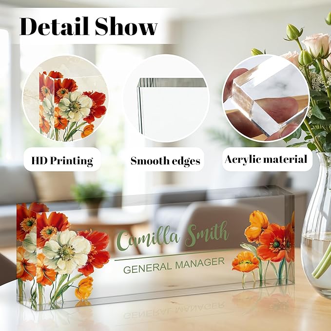 Personalized Name Plate for Desk, Custom Acrylic Desk Name Sign, Office Appreciation Gifts for Women Men Coworkers Boss Teacher Employee (Flower-Floral)