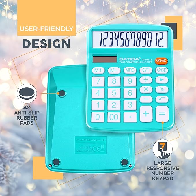 CATIGA Desktop Calculator (2 Pack) 12 Digit with Large LCD Display and Sensitive Button, Solar and Battery Dual Power, Standard Function for Office, Home, School, CD-2786 (Light Blue/Light Pink)