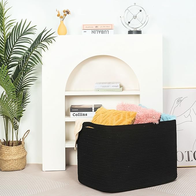 MINTWOOD Design 112L Extra Large Blanket Basket Holder Living Room, 25"x17"x16" Rectangle Rope Woven Storage Basket with Handles for Laundry, Pool Towels, Shoes, Dog Toy Organizer Bin Box, Black