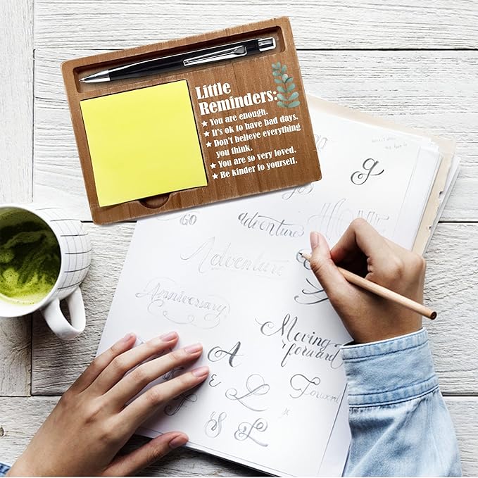 Little Reminders Inspirational Desk Decor Gifts, Wooden Desk Note Pen Holder, Motivational Office Decor with Quotes, Thank You Teachers Day Gifts for Colleague Family Friends-A10