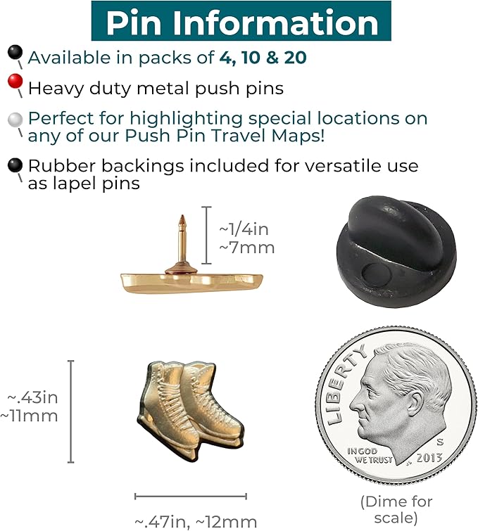 Ice Skates Push Pins - Gold Ice Skates Map Pins for Cork Boards, Maps, or Lapel Use - Designed in USA - Set of 4