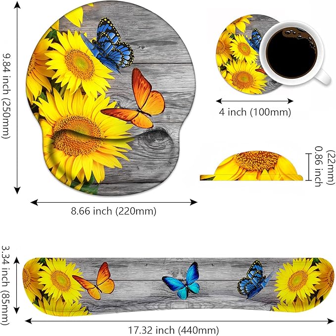 Keyboard Wrist Rest and Mouse Pad Wrist Support Set with Coasters, Non-Slip PU Base Ergonomic Gaming Mousepad for Home Office Working Studying Easy Typing & Pain Relief - Sunflower and Butterfly