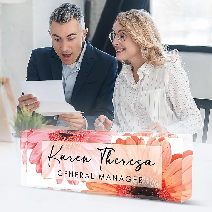 Custom Office Name Plate, Personalized Gifts for Women & Employees, Office Desk Accessory (Pink Tulip)