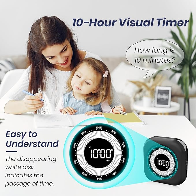 Visual Timer for Kids, 10 Hours Countdown/Up, with Rechargeable, 3 Volume Levels，3 Brightness Display, and Magnetic, Homeschool Study Tool, Large Digital Timers for Classroom, Kitchen