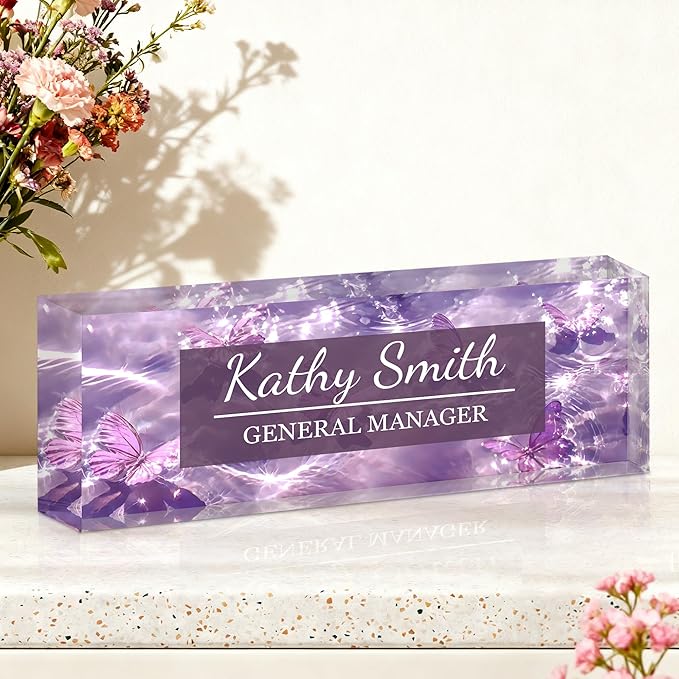 Ship Next Day-Custom Name Plate for Desk, Desk Name Plate Personalized, Acrylic Office Desk Accessories, Appreciation Gifts for Coworkers Employee Teachers Boss Women Men (Purple Butterfly)