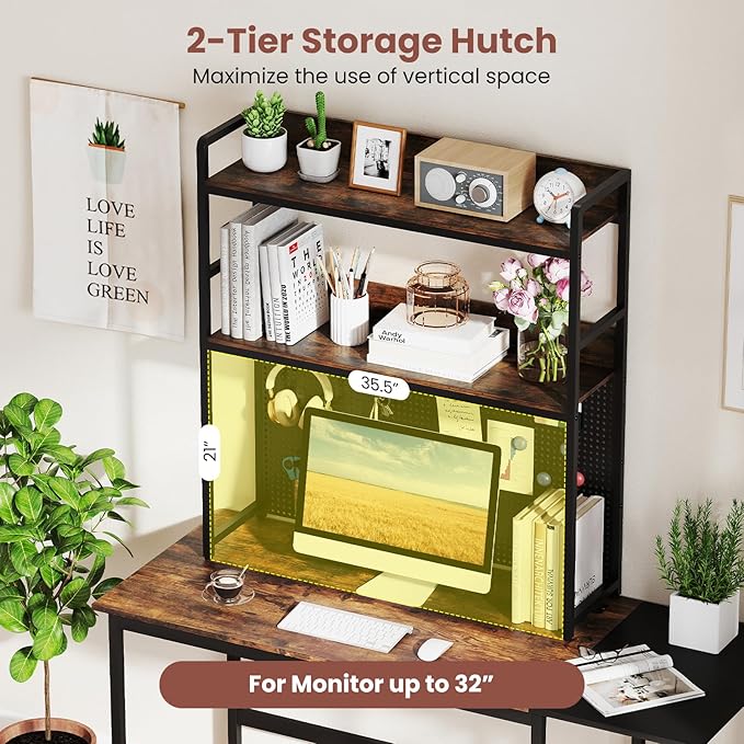 Tangkula Desktop Bookshelf, Multipurpose 2-Tier Desk Hutch with Pegboard, Industrial Countertop Storage Organizer Rack for up to 32" Computer Monitor, Hutch for Dorm Home Office (Rustic Brown)