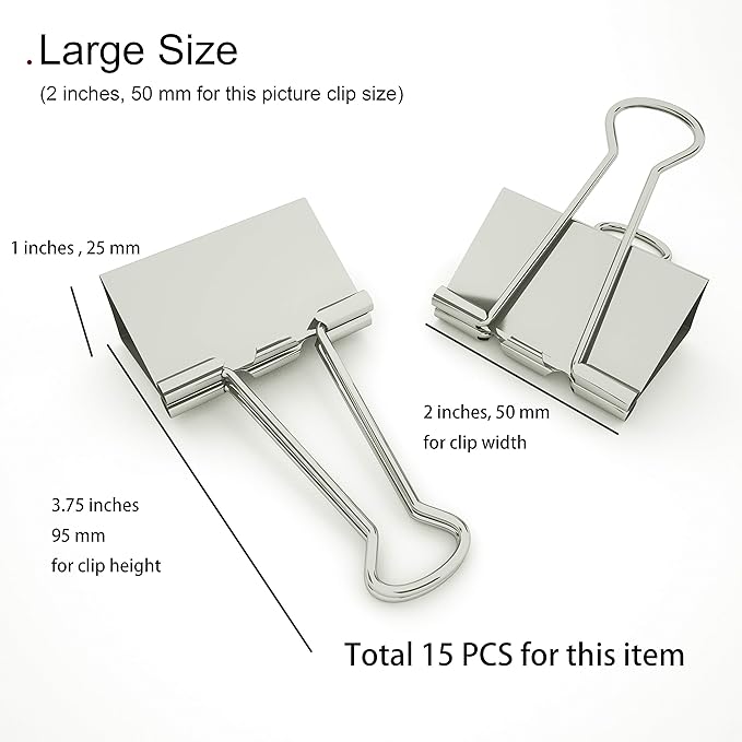 [15-PCS] Silver Large Binder Clips, Jumbo Metal Clamp 2" / 50 mm (Silver, 15-PCS)