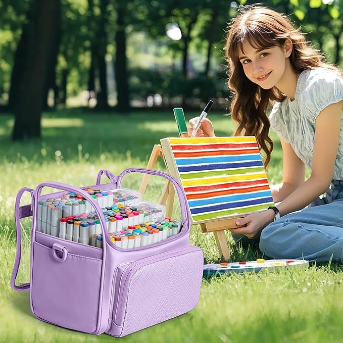 Large Marker Organizer Case for 180 Markers, Marker Storage Bag for Markers, Paint Brushes, Colored Pencils or Other Art Supplies with Dividers and Shoulder Strap (Purple)