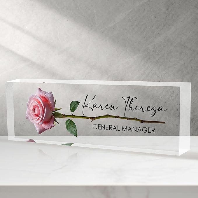 Custom Office Name Plate, Personalized Gifts for Women & Employees, Office Desk Accessory (A Rose)