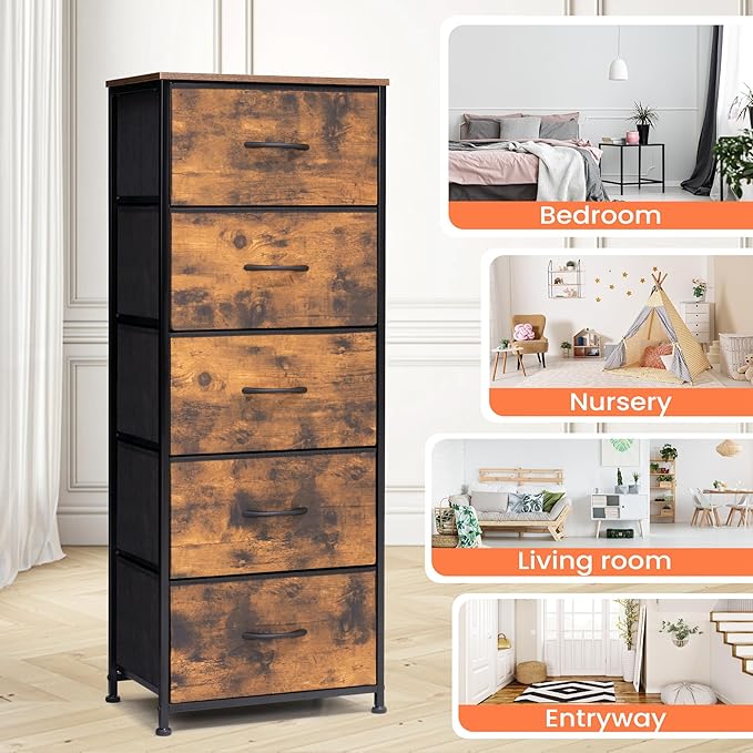 Crestlive Products Vertical Dresser Storage Tower - Sturdy Steel Frame, Wood Top, Easy Pull Fabric Bins - Organizer Unit for Bedroom, Hallway, Entryway, Closets - 5 Drawers(Rustic Brown)