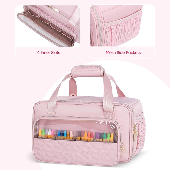 Marker Organizer Case Holding up to 216 Markers, Marker Storage Carrying Bag, Large Marker Holder with Shoulder Strap, Pink