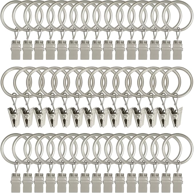 AMZSEVEN 44 Pack Metal Curtain Rings with Clips, Drapery Clips with Rings, Drapes Rings 1 inch Inner Diameter, Fits Diameter 5/8 inch Curtain Rods, Matte Silver
