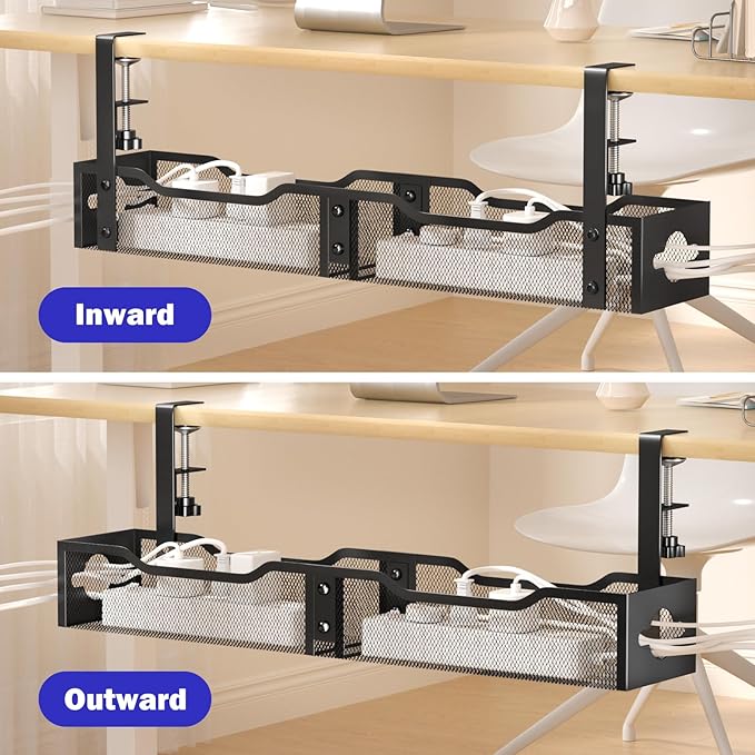 Under Desk Cable Management Tray 25.12", Extra Large Cable Management No Drill, Extended Cord Organizer with Adjustable Clamps, Black