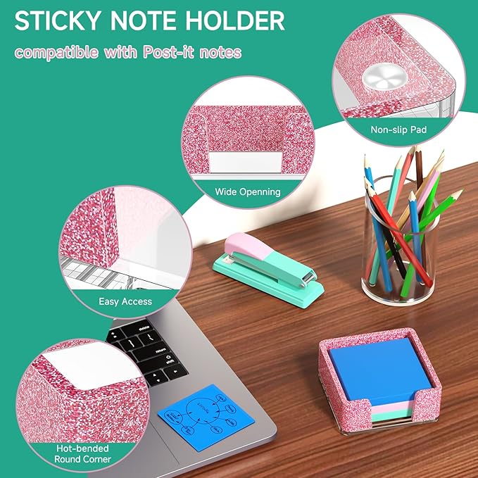 Sticky Note Holder, Glitter Pink Acrylic Notepad Holder 3x3 in Self-Stick Note Dispenser Office Desk Accessories, Memo Pad Holder Organizer for Classroom School Supplies