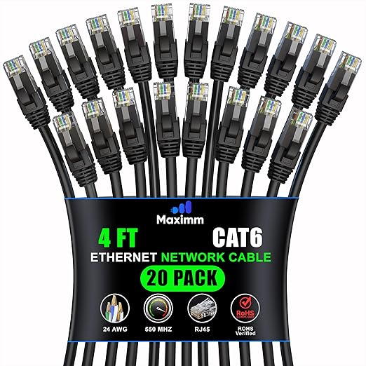 Maximm Cat 6 Ethernet Cable 4 ft (20-Pack) - High-Speed LAN Cable, Internet Cable, Patch Cable, and Network Cable - UTP, 10Gbps, 550MHz Ethernet Cord - Black