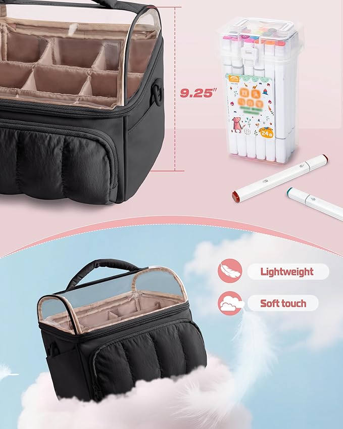 Quilted Marker Organizer Case Holds 180 Markers, Marker Storage Organizer Bag with Dividers and Multiple Pockets (Bag Only), Black