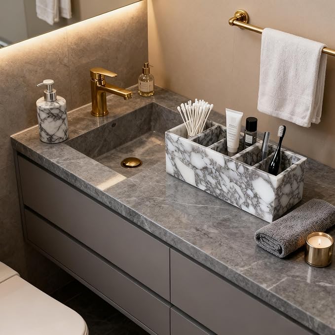 5-Tier Marble Desktop Organizer for Office & Beauty Tools - Stackable Makeup Brush Storage, Coffee Accessories Holder with Natural Stone Pattern, Multi-Layer Countertop Tray