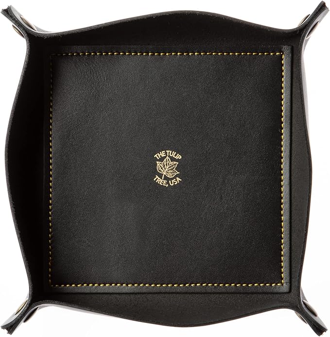 USA Handmade Premium Leather Valet Tray, Folds Flat! Dice Rolling Basket and Organizer with Brass Snaps (Black Gold, Large)