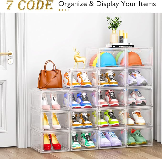 12 Pack Clear Shoe Storage Organizer with Magnetic Door,Stackable Plastic Shoe Boxes for Sneakers,Boots,and Heels,Space-Saving Foldable Shoe Rack for Closet,Durable Shoe Cabinet Organizer,White