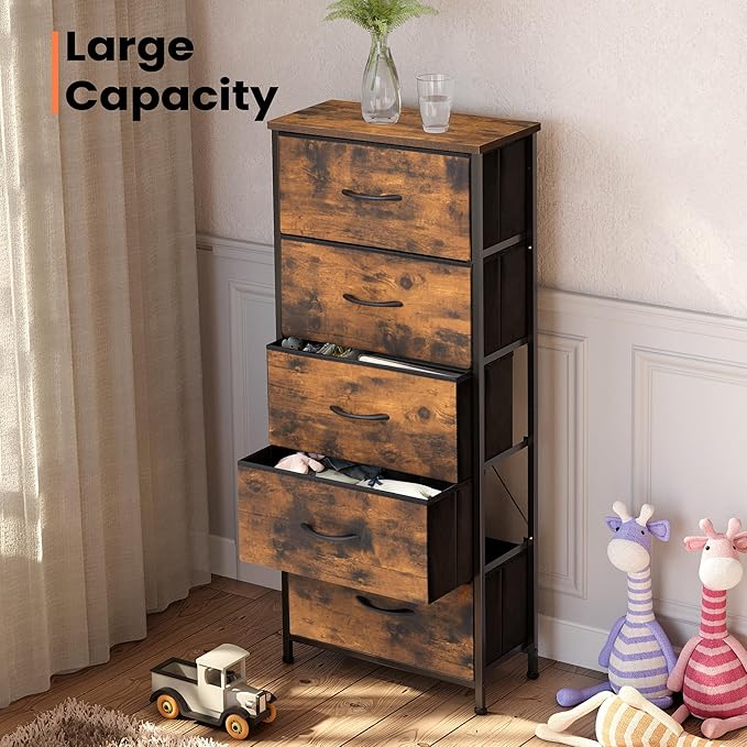 Crestlive Products Vertical Dresser Storage Tower - Sturdy Steel Frame, Wood Top, Easy Pull Fabric Bins - Organizer Unit for Bedroom, Hallway, Entryway, Closets - 5 Drawers(Rustic Brown)