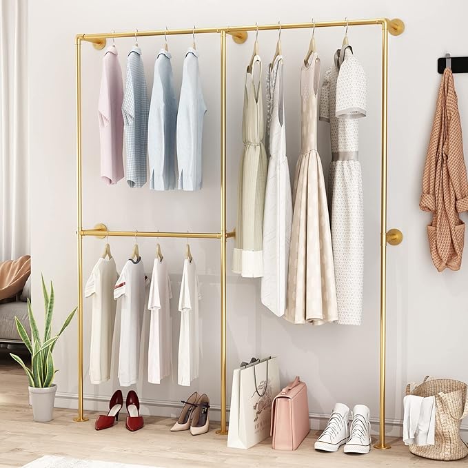 DR.IRON Industrial Pipe Gold Clothing Racks with Double Bar, Industrial Pipe Clothes Racks Wall Mounted, Heavy Duty Gold Closet Rods for Hanging Clothes Organizer Storage