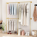 DR.IRON Industrial Pipe Gold Clothing Racks with Double Bar, Industrial Pipe Clothes Racks Wall Mounted, Heavy Duty Gold Closet Rods for Hanging Clothes Organizer Storage