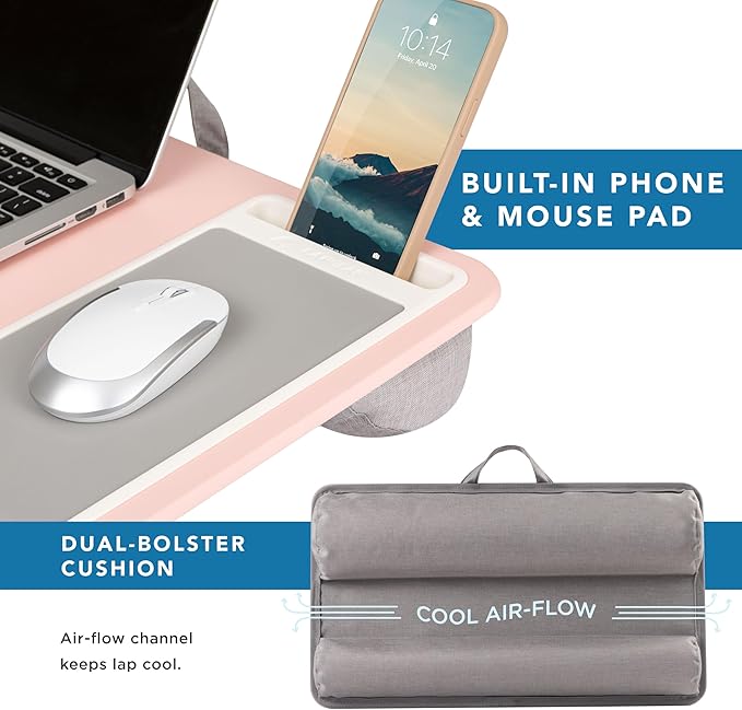 LAPGEAR Home Office Lap Desk with Device Ledge, Mouse Pad, and Phone Holder - Pink - Fits up to 15.6 Inch Laptops - Style No. 91584