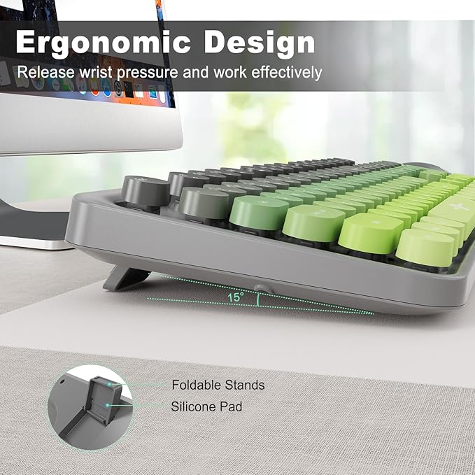 FOPETT Wireless Keyboard and Mouse Combo, 104 Keys Full-Sized 2.4 GHz Round Keycap Colorful Keyboards, USB Receiver Plug and Play, for Windows, Mac, PC, Laptop, Desktop (GreyGreen)