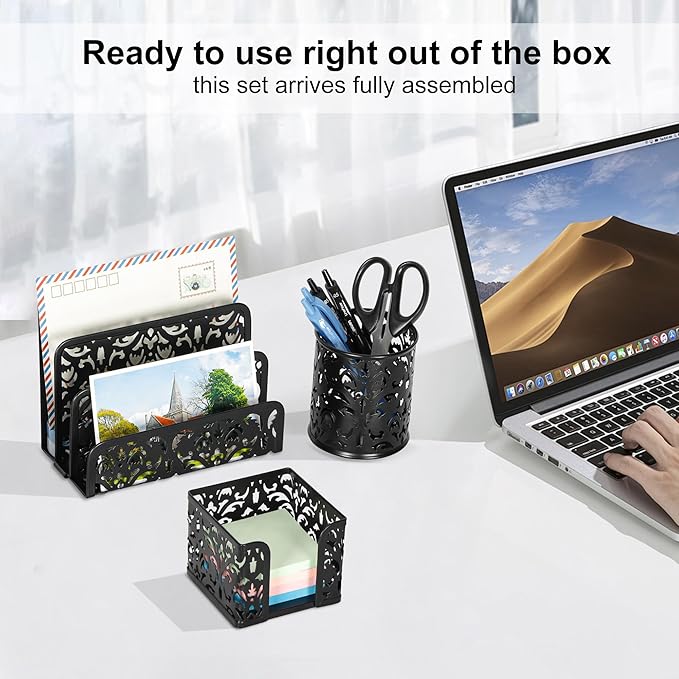 EasyPAG Desk Organizers and Accessories 3 Pieces Office Organizer Set - Pen Holder for Desk, Mail Sorter Countertop and Sticky Note Holder, Black