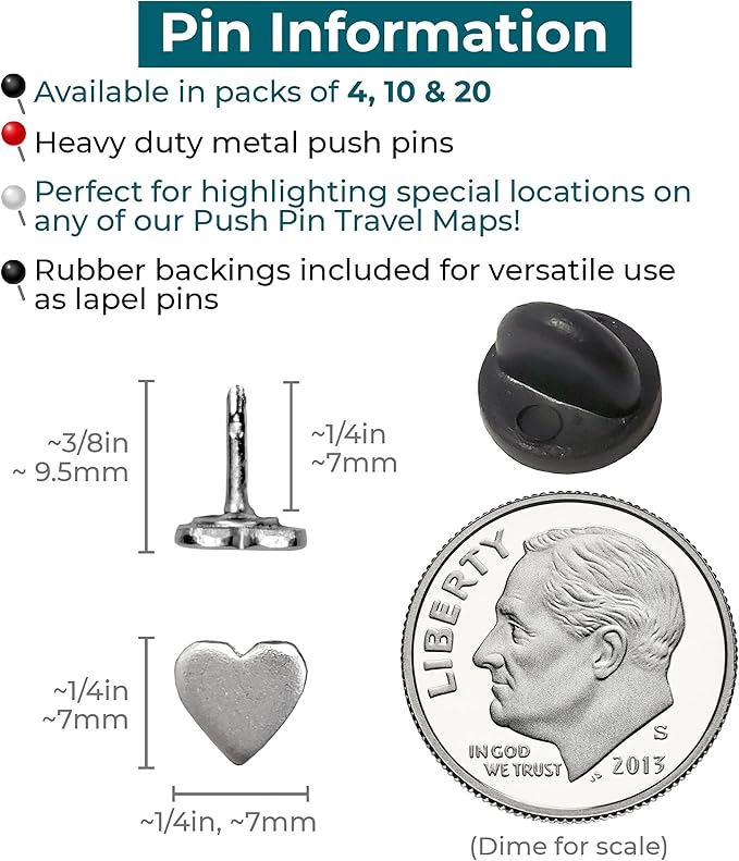 Mini Silver Heart Push Pins - Mini Silver Metal Heart Map Pins - for Cork Board, Maps, or Lapel Pin Use - Designed in USA - Set of 10