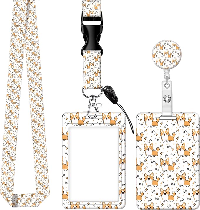 BLOCIT ID Badge Holder with Lanyard - Fashionable ID Card Holders with Retractable Lanyards - Soft Fiber Metal Clip Sturdy Buckle for Key Wallet - Work Nurse Teacher (Cute Puppy Corgi Dog)