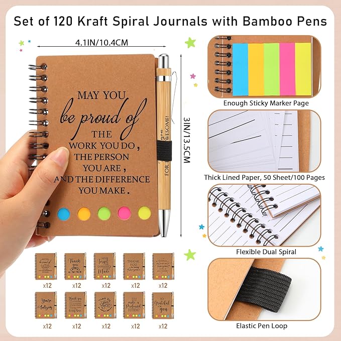 Honoson Valentines Employee Appreciation Gift Bulk Inspirational Notebook with Note and Motivational Bamboo Ballpoint Pen for Team Group Staff Coworker Volunteer Office Must Have(120 Set)