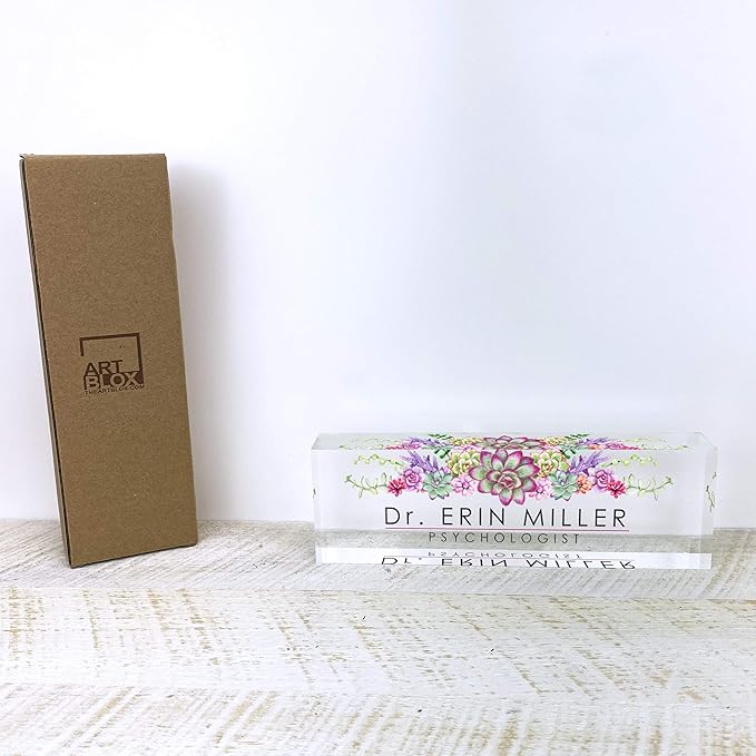 Artblox Office Desk Name Plate Personalized | Custom Name Plates for Desks | Succulents Design On Clear Acrylic Glass | Office Desk Decor - (8" x 2.5")