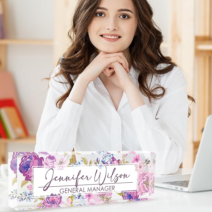 Personalized Office Name Plate, Custom Name Plate for Desks, Office Desk Decorations Gift for Women Men, Acrylic Desk Name Plate for Teacher Coworkers Staff Boss (Flourishing Blossom)