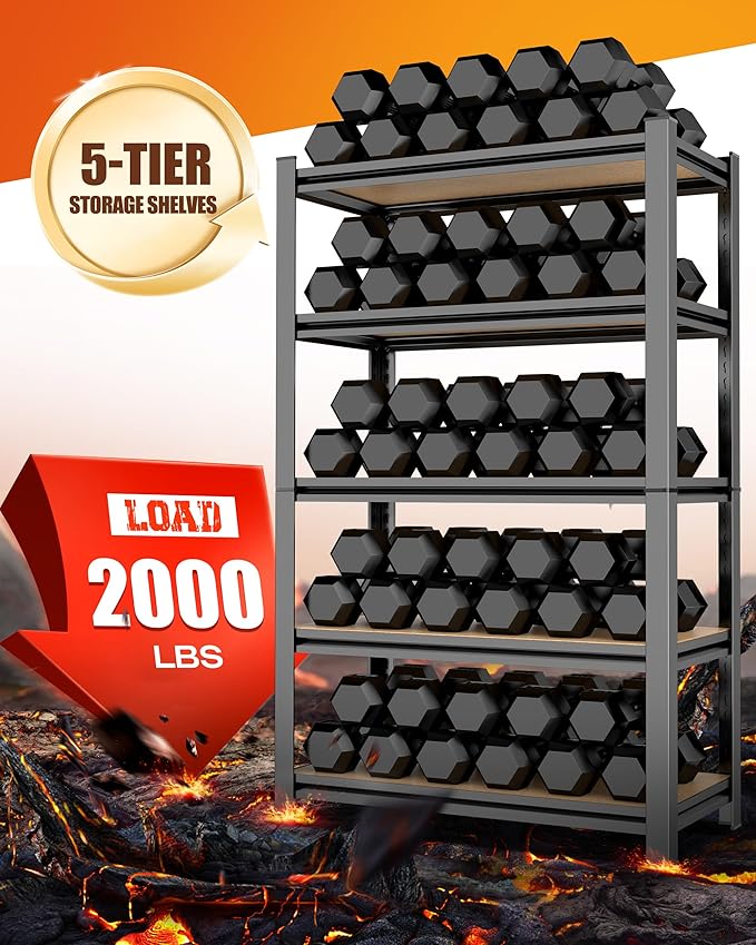 Set of 2 Heavy Duty Garage Shelving, 5-Tier Storage Shelves, 2000LBS Metal Shelf, Adjustable Shelving Unit, for Basement, Kitchen, Warehouse, Pantry, 15.7" Dx35.4 Wx71.2 H, Black