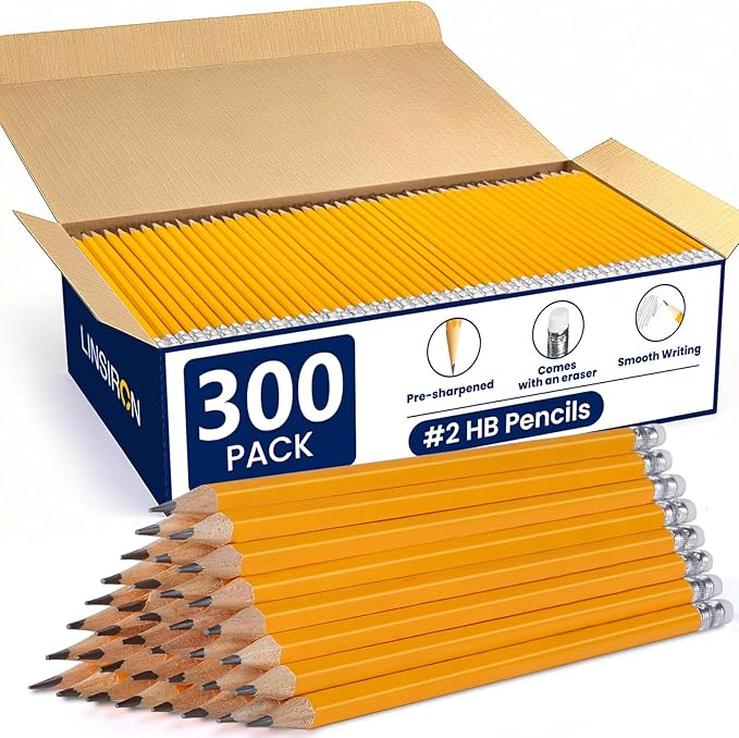 LINSIRON Pencils Pre-Sharpened #2 Pencil with Erasers, Yellow,7.5in 300 Pack